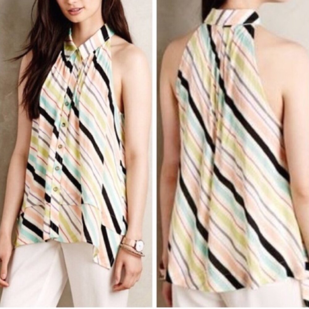 Anthropologie Maeve Tesni Swing Racerback Button Tank Stripe Motif Like-New - 4